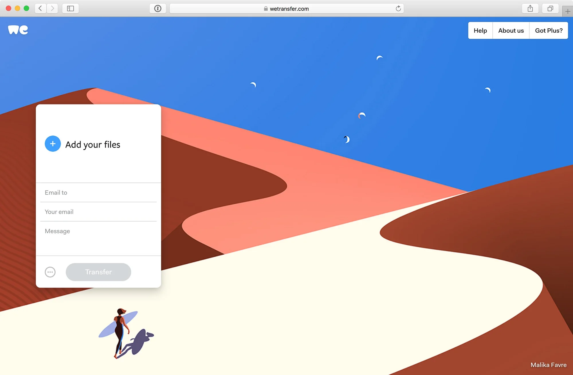 The redesigned wetransfer.com with the transfer box over a full-screen illustration